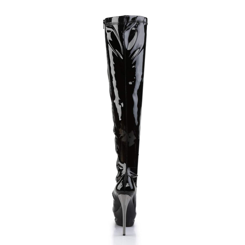 Pleaser BLONDIE-3000 Platform Thigh High Boot (Black Stretch Patent/Black-Pewter Chrome)