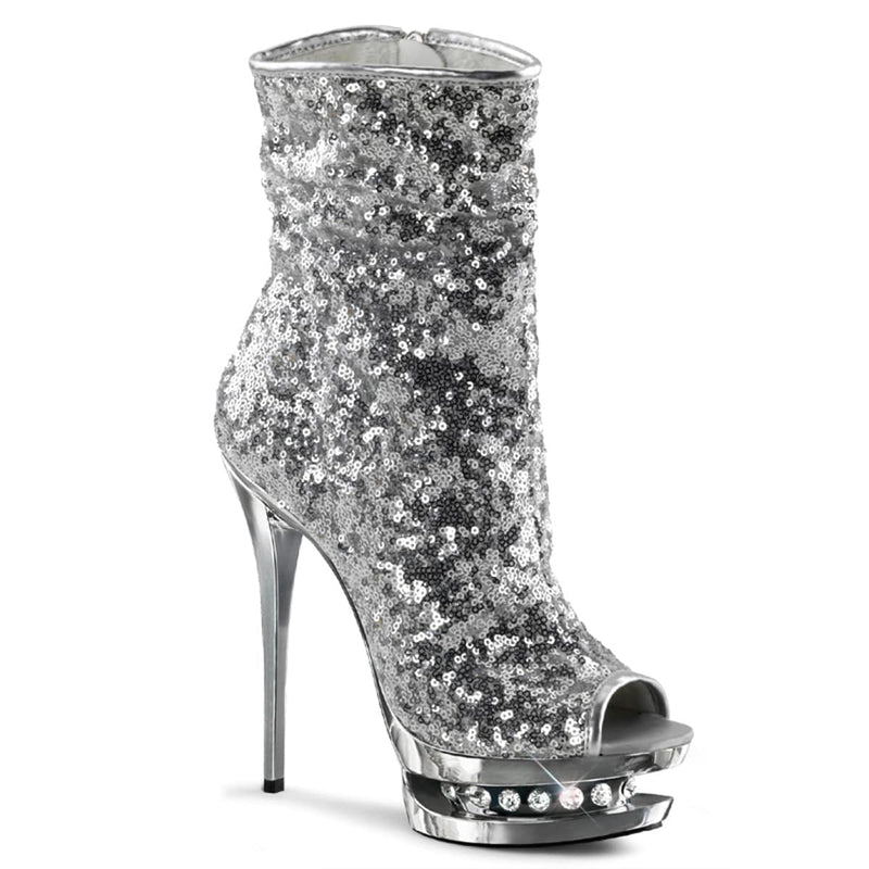 Pleaser BLONDIE-R-1008 Platform Ankle Boot (Silver Sequins/Silver Chrome)