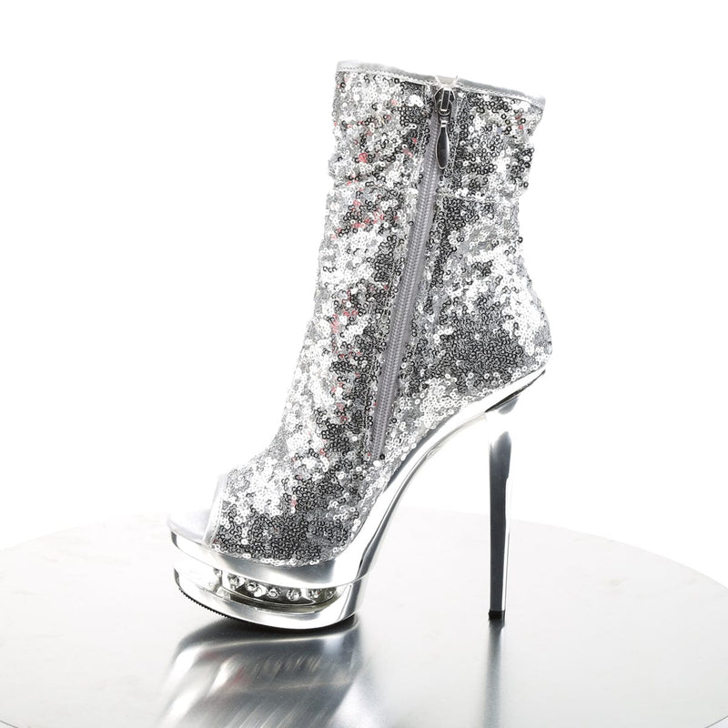 Pleaser BLONDIE-R-1008 Platform Ankle Boot (Silver Sequins/Silver Chrome)
