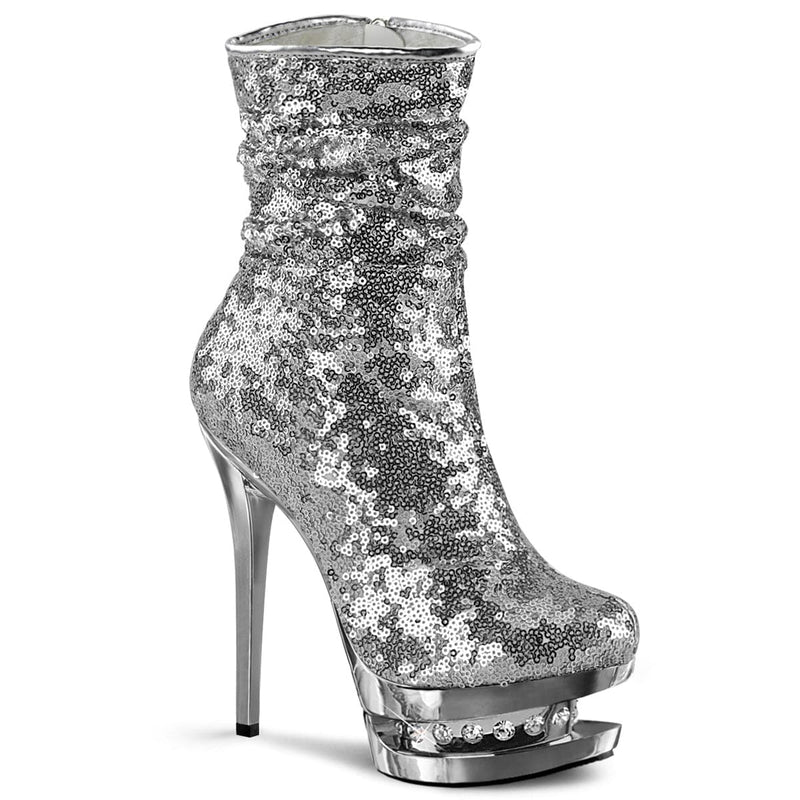 Pleaser BLONDIE-R-1009 Platform Ankle Boot (Silver Sequins/Silver Chrome)