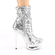 Pleaser BLONDIE-R-1009 Platform Ankle Boot (Silver Sequins/Silver Chrome)