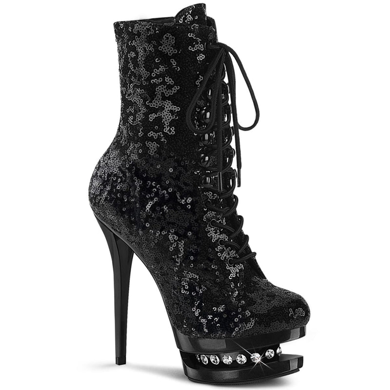 Pleaser BLONDIE-R-1020 Platform Ankle Boot (Black Sequins/Black)