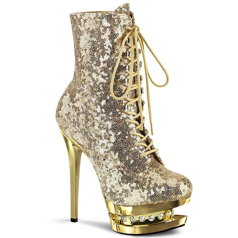 Pleaser BLONDIE-R-1020 Platform Ankle Boot (Gold Sequins/Gold Chrome)