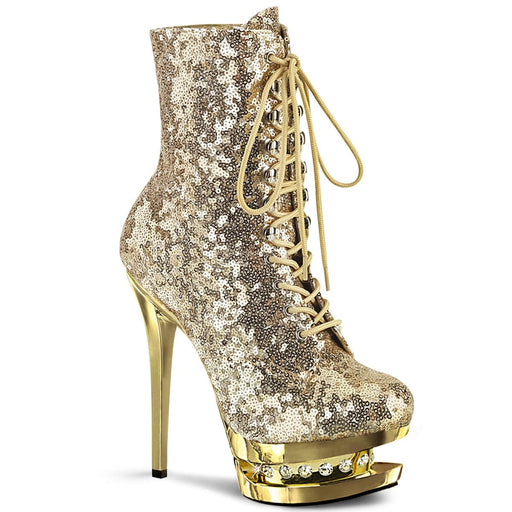 Pleaser BLONDIE-R-1020 Platform Ankle Boot (Gold Sequins/Gold Chrome)