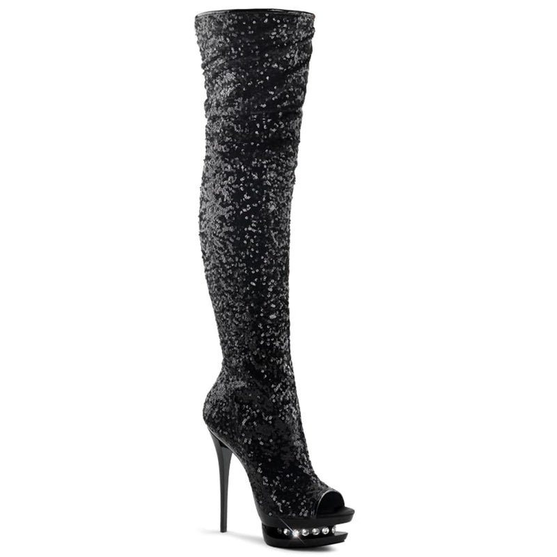 Pleaser BLONDIE-R-3011 Platform Thigh High Boot (Black Sequins/Black)