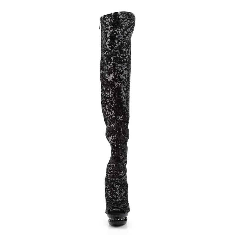 Pleaser BLONDIE-R-3011 Platform Thigh High Boot (Black Sequins/Black)