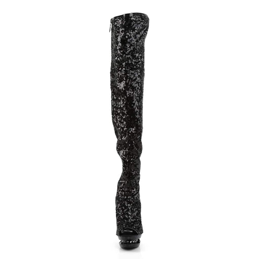 Pleaser BLONDIE-R-3011 Platform Thigh High Boot (Black Sequins/Black)