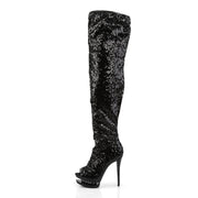Pleaser BLONDIE-R-3011 Platform Thigh High Boot (Black Sequins/Black)