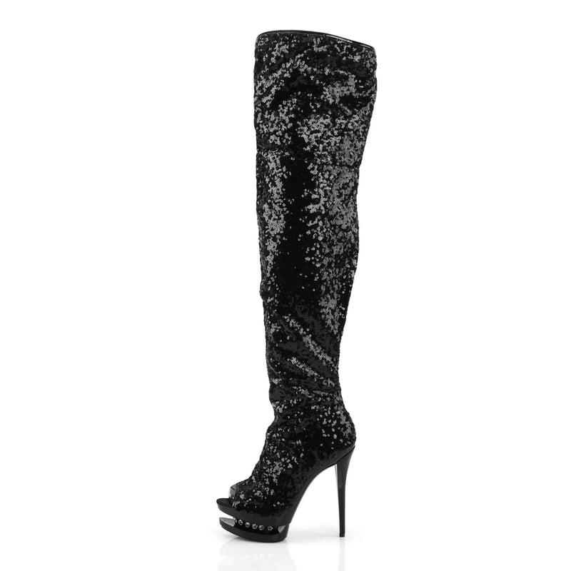Pleaser BLONDIE-R-3011 Platform Thigh High Boot (Black Sequins/Black)