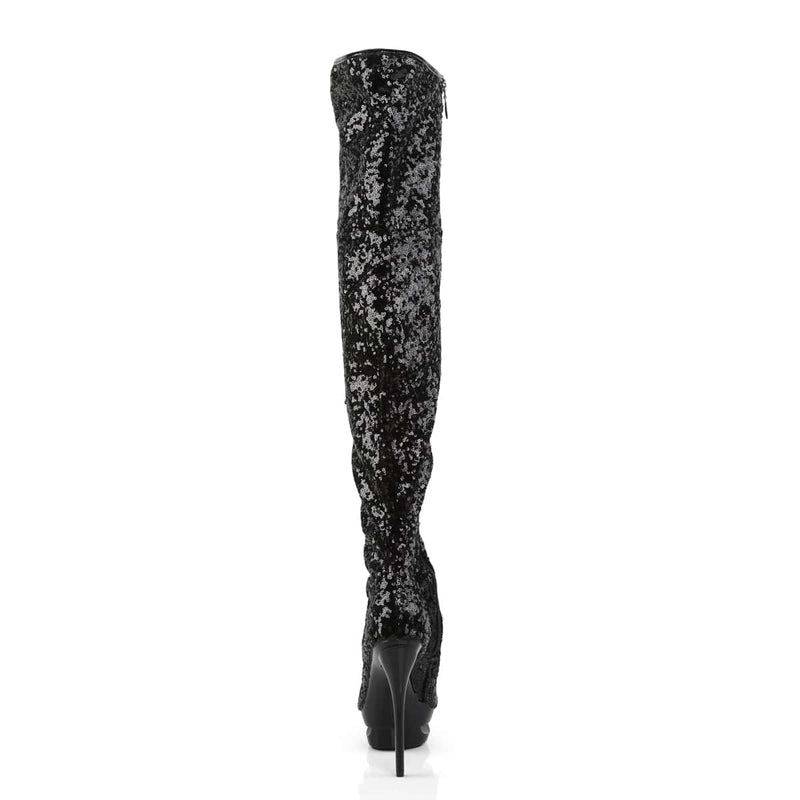 Pleaser BLONDIE-R-3011 Platform Thigh High Boot (Black Sequins/Black)