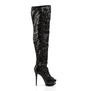 Pleaser BLONDIE-R-3011 Platform Thigh High Boot (Black Sequins/Black)