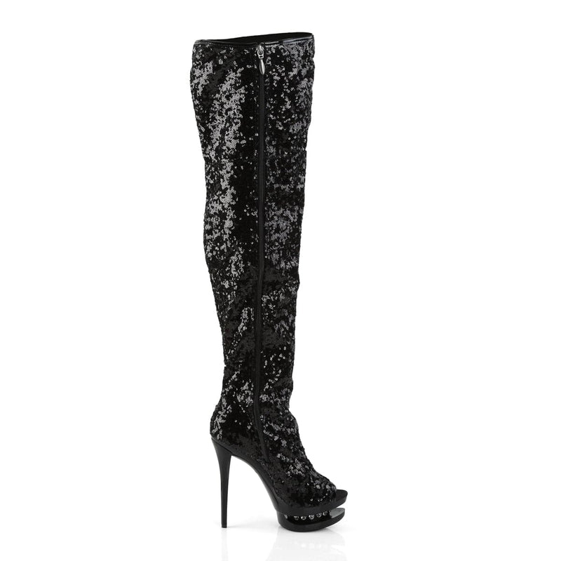 Pleaser BLONDIE-R-3011 Platform Thigh High Boot (Black Sequins/Black)