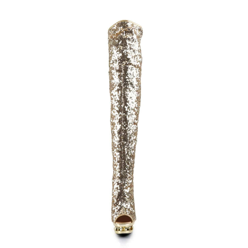 Pleaser BLONDIE-R-3011 Platform Thigh High Boot (Gold Sequins/Gold Chrome)