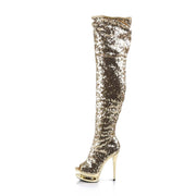 Pleaser BLONDIE-R-3011 Platform Thigh High Boot (Gold Sequins/Gold Chrome)