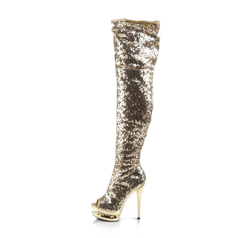 Pleaser BLONDIE-R-3011 Platform Thigh High Boot (Gold Sequins/Gold Chrome)