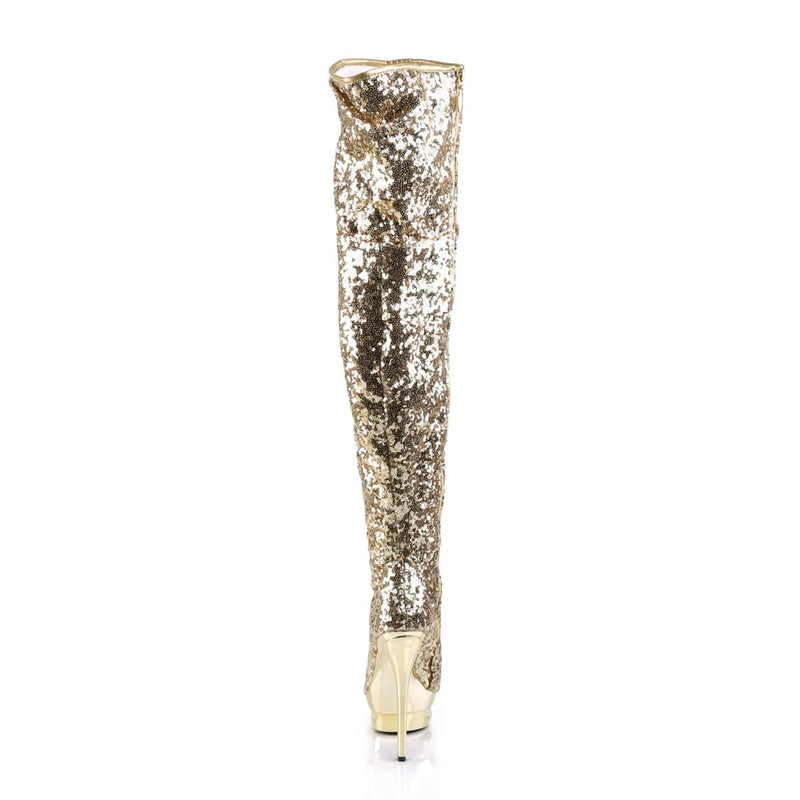 Pleaser BLONDIE-R-3011 Platform Thigh High Boot (Gold Sequins/Gold Chrome)