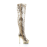 Pleaser BLONDIE-R-3011 Platform Thigh High Boot (Gold Sequins/Gold Chrome)
