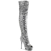 Pleaser BLONDIE-R-3011 Platform Thigh High Boot (Silver Sequins/Silver Chrome)