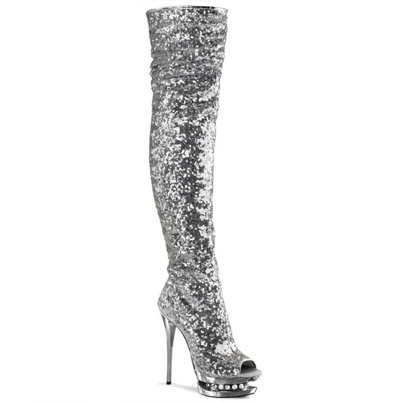 Pleaser BLONDIE-R-3011 Platform Thigh High Boot (Silver Sequins/Silver Chrome)