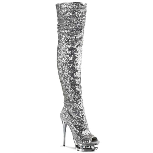 Pleaser BLONDIE-R-3011 Platform Thigh High Boot (Silver Sequins/Silver Chrome)