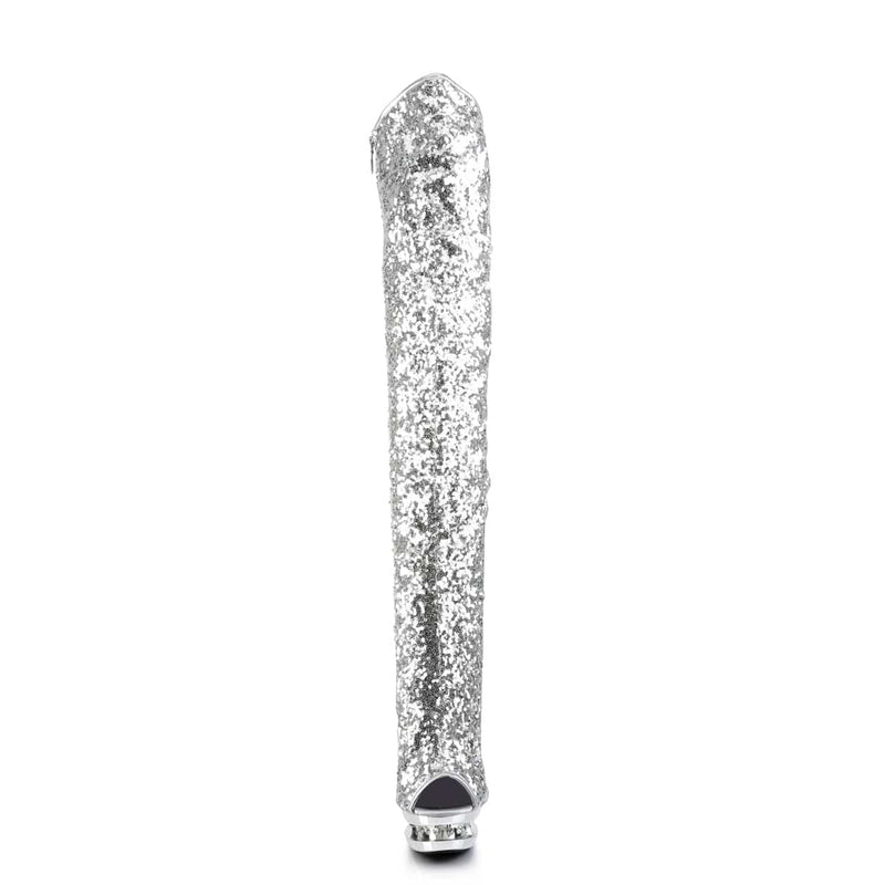 Pleaser BLONDIE-R-3011 Platform Thigh High Boot (Silver Sequins/Silver Chrome)