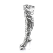 Pleaser BLONDIE-R-3011 Platform Thigh High Boot (Silver Sequins/Silver Chrome)