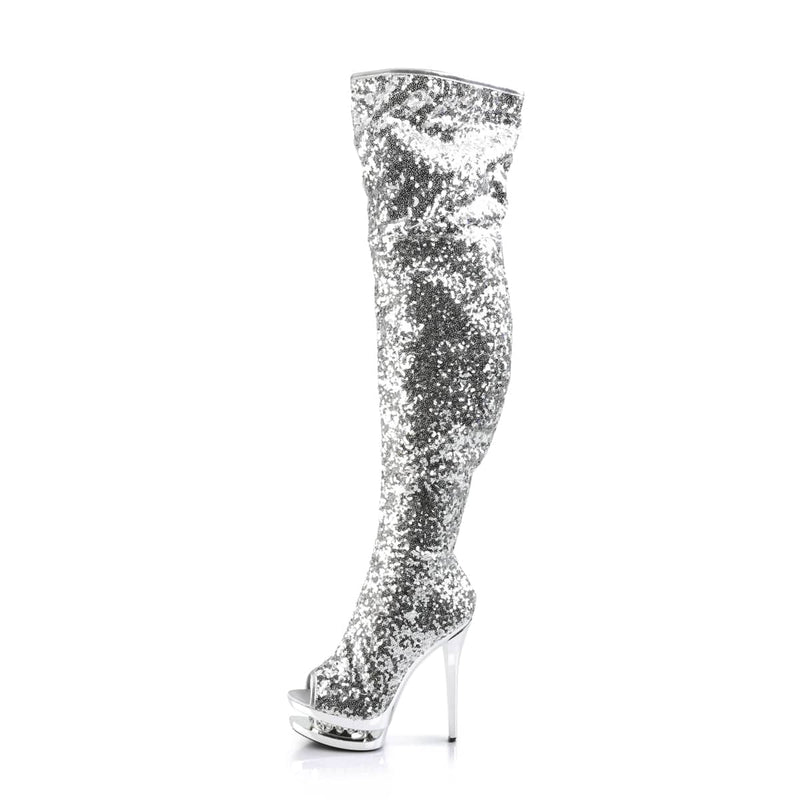 Pleaser BLONDIE-R-3011 Platform Thigh High Boot (Silver Sequins/Silver Chrome)