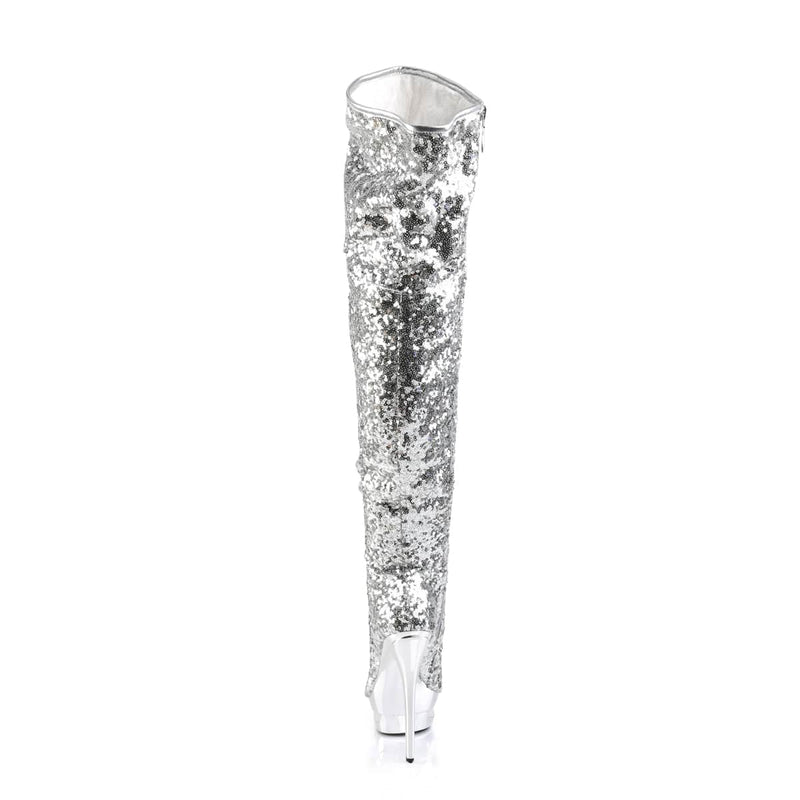 Pleaser BLONDIE-R-3011 Platform Thigh High Boot (Silver Sequins/Silver Chrome)