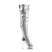 Pleaser BLONDIE-R-3011 Platform Thigh High Boot (Silver Sequins/Silver Chrome)