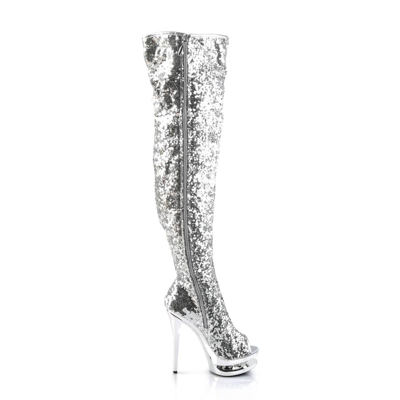 Pleaser BLONDIE-R-3011 Platform Thigh High Boot (Silver Sequins/Silver Chrome)