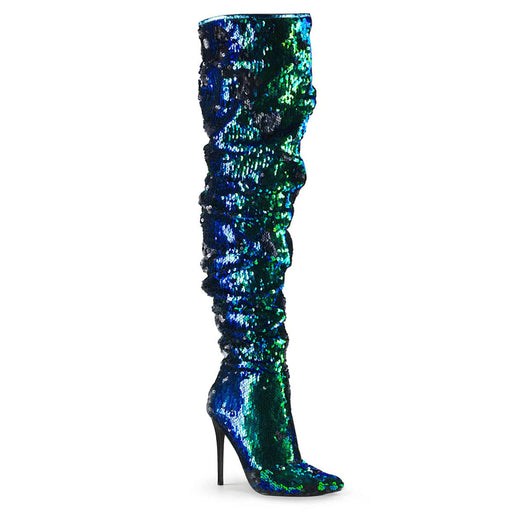 Pleaser COURTLY-3011 Thigh High Boot (Green Iridescent Sequins) 6