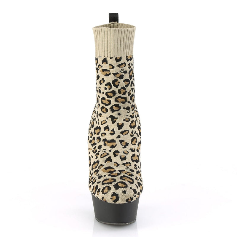 Pleaser DELIGHT-1002LP Platform Ankle Boot (Tan Stretch Leopard Print Fabric/Black Matte)