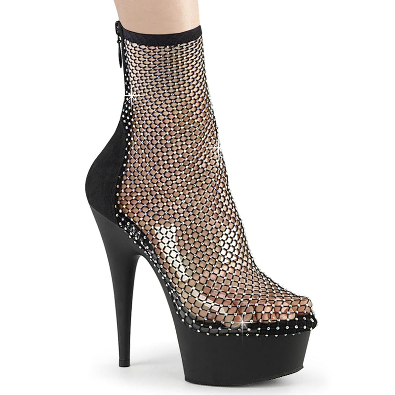 Pleaser DELIGHT-1009 Platform Ankle Boot (Black Faux Suede-Rhinestone Mesh/Black Matte)