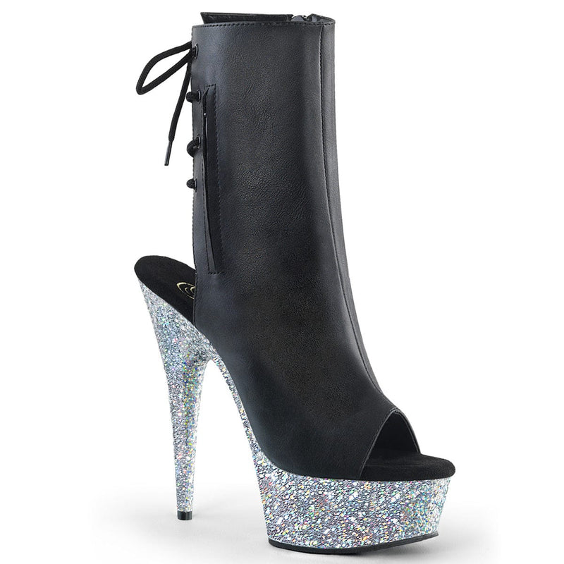 Pleaser DELIGHT-1018LG Platform Ankle Boot (Black Faux Leather/Silver Multi Glitter)
