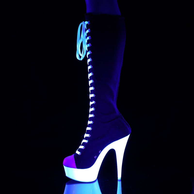 Pleaser DELIGHT-2000SK-02 Platform Knee High Boot (Black Canvas-White Faux Leather/Neon White)