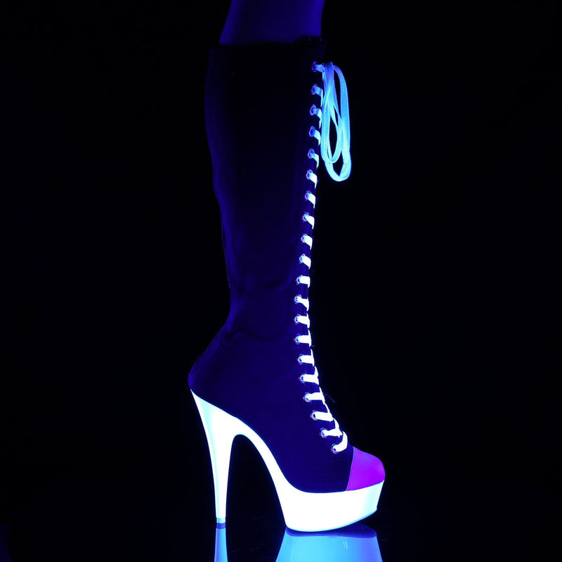 Pleaser DELIGHT-2000SK-02 Platform Knee High Boot (Black Canvas-White Faux Leather/Neon White)
