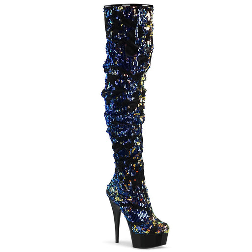 Pleaser DELIGHT-3004 Platform Thigh High Boot (Blue Iridescent Sequins/Black) 5