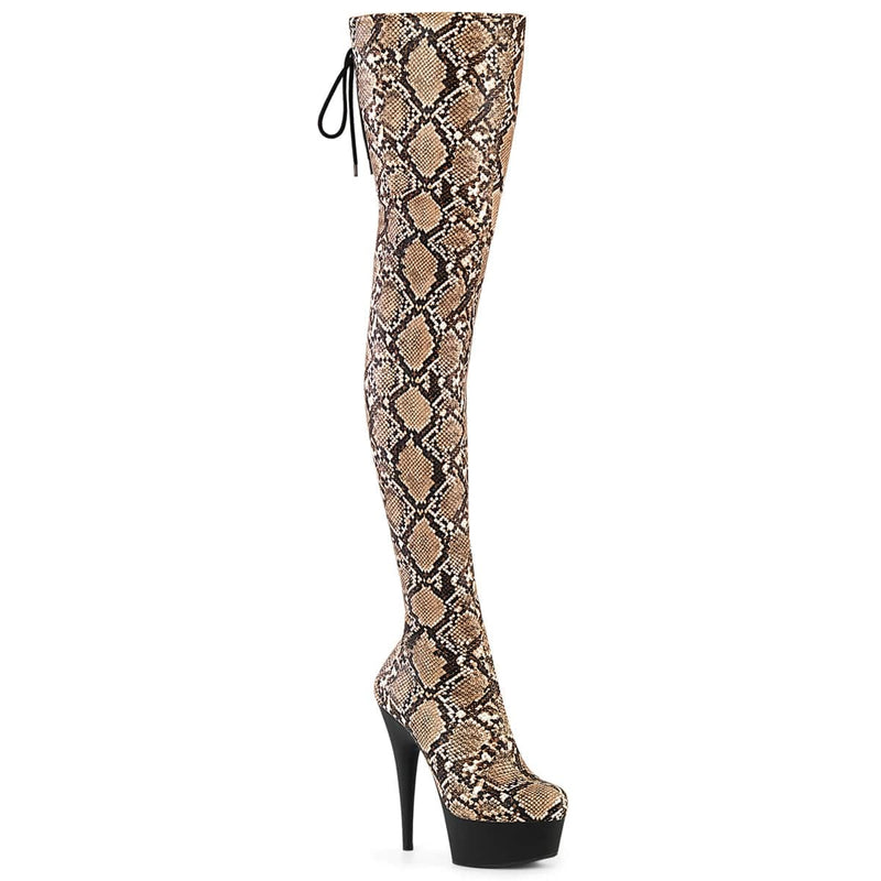Pleaser DELIGHT-3008SP-BT Platform Thigh High Boot (Tan-Brown Snake Print/Black Matte) 5