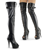 Pleaser DELIGHT-3025 Platform Thigh High Boot (Black Stretch Faux Leather/Black Matte)