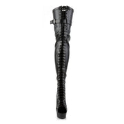Pleaser DELIGHT-3025 Platform Thigh High Boot (Black Stretch Faux Leather/Black Matte)