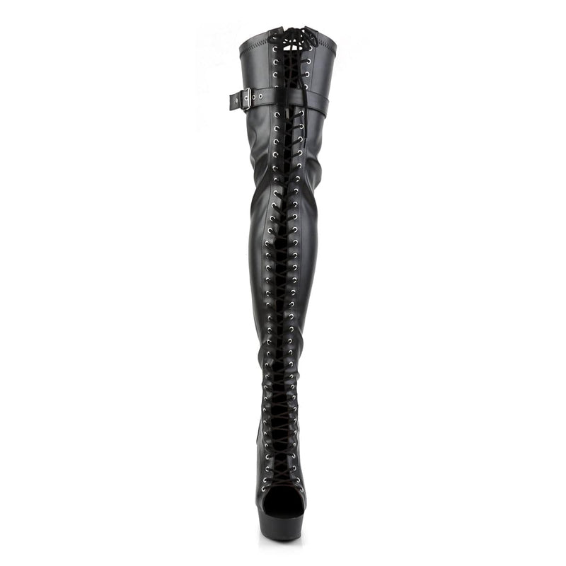 Pleaser DELIGHT-3025 Platform Thigh High Boot (Black Stretch Faux Leather/Black Matte)