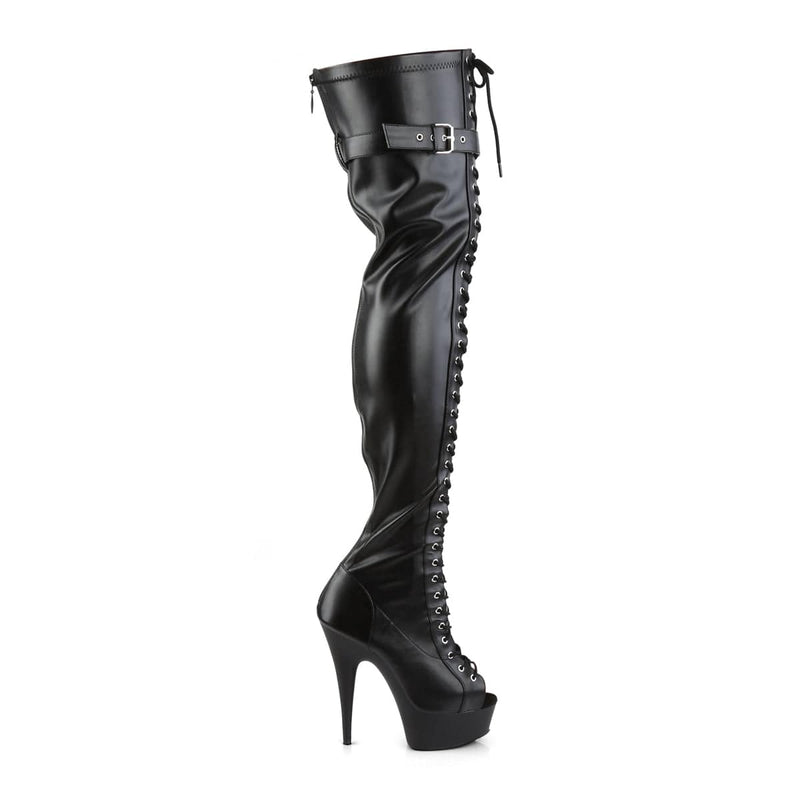Pleaser DELIGHT-3025 Platform Thigh High Boot (Black Stretch Faux Leather/Black Matte)