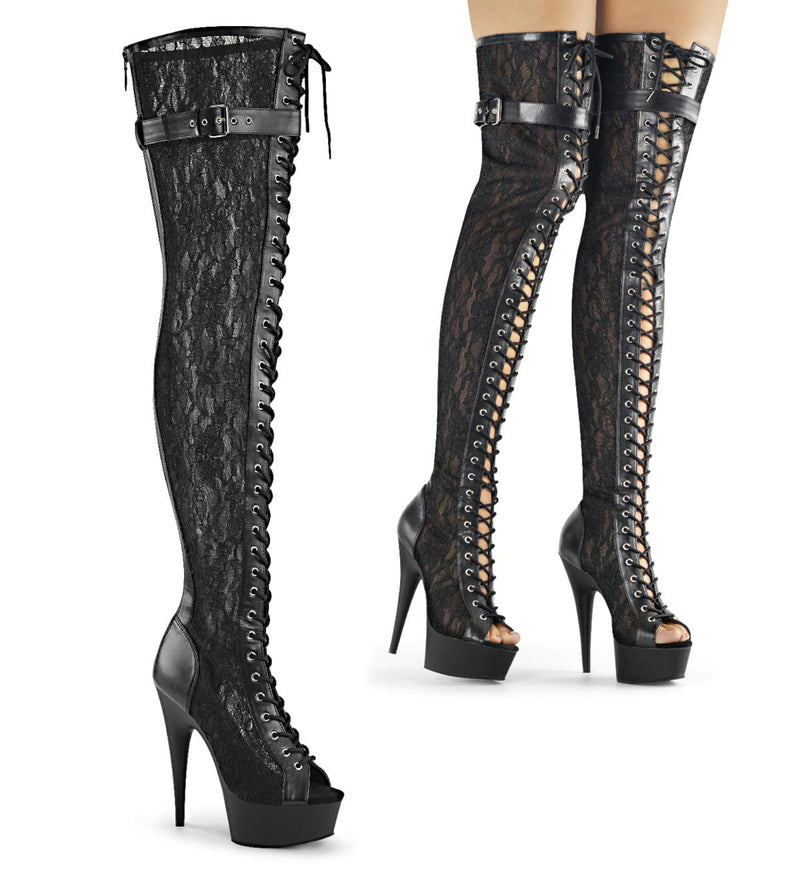 Pleaser DELIGHT-3025ML Platform Thigh High Boot (Black Faux Leather-Mesh-Lace/Black Matte)