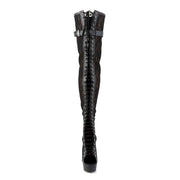 Pleaser DELIGHT-3025ML Platform Thigh High Boot (Black Faux Leather-Mesh-Lace/Black Matte)