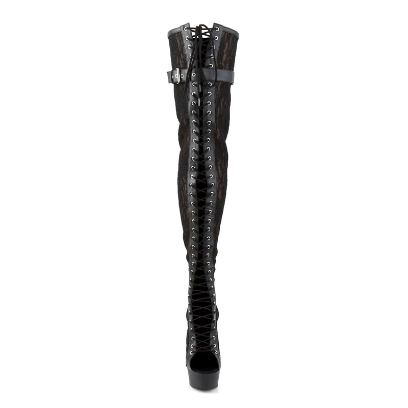 Pleaser DELIGHT-3025ML Platform Thigh High Boot (Black Faux Leather-Mesh-Lace/Black Matte)
