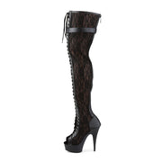 Pleaser DELIGHT-3025ML Platform Thigh High Boot (Black Faux Leather-Mesh-Lace/Black Matte)