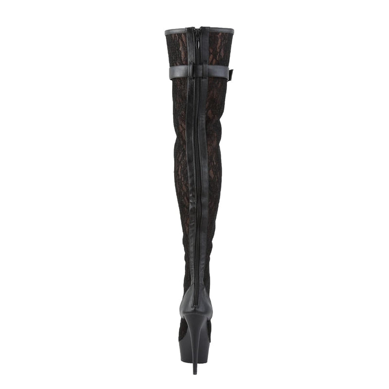 Pleaser DELIGHT-3025ML Platform Thigh High Boot (Black Faux Leather-Mesh-Lace/Black Matte)