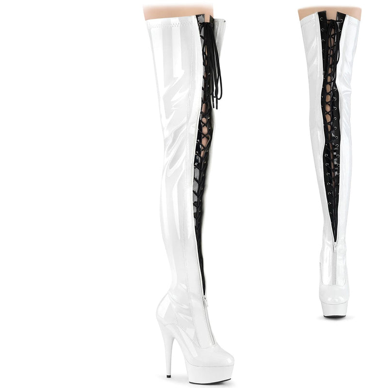 Pleaser DELIGHT-3027 Platform Thigh High Boot (White-Black Stretch Patent/White) 5