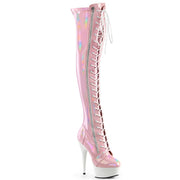 Pleaser DELIGHT-3029 Platform Thigh High Boot (Baby Pink Stretch Hologram Patent/White Matte) 5