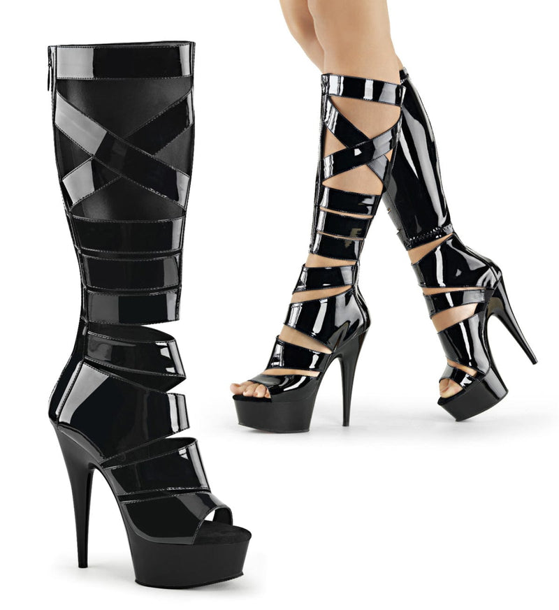 Pleaser DELIGHT-600-49 Platform Knee High Boot (Black Stretch Patent/Black)